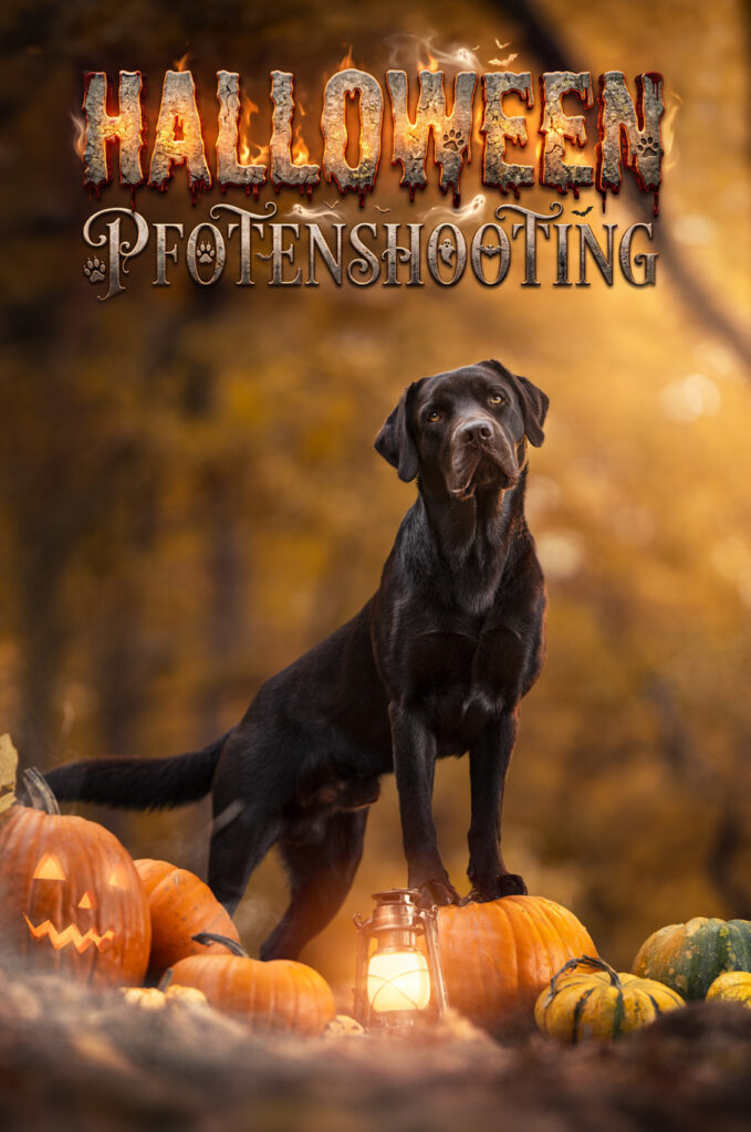 Tierfotograf, Tiershooting: schwarzer Labrador, Herbstlaub, Kürbisse, Laterne, Halloween.