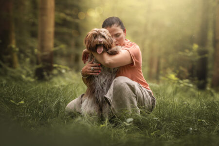 Tiershooting im Wald: Person umarmt Hund, harmonisches Sonnenlicht.